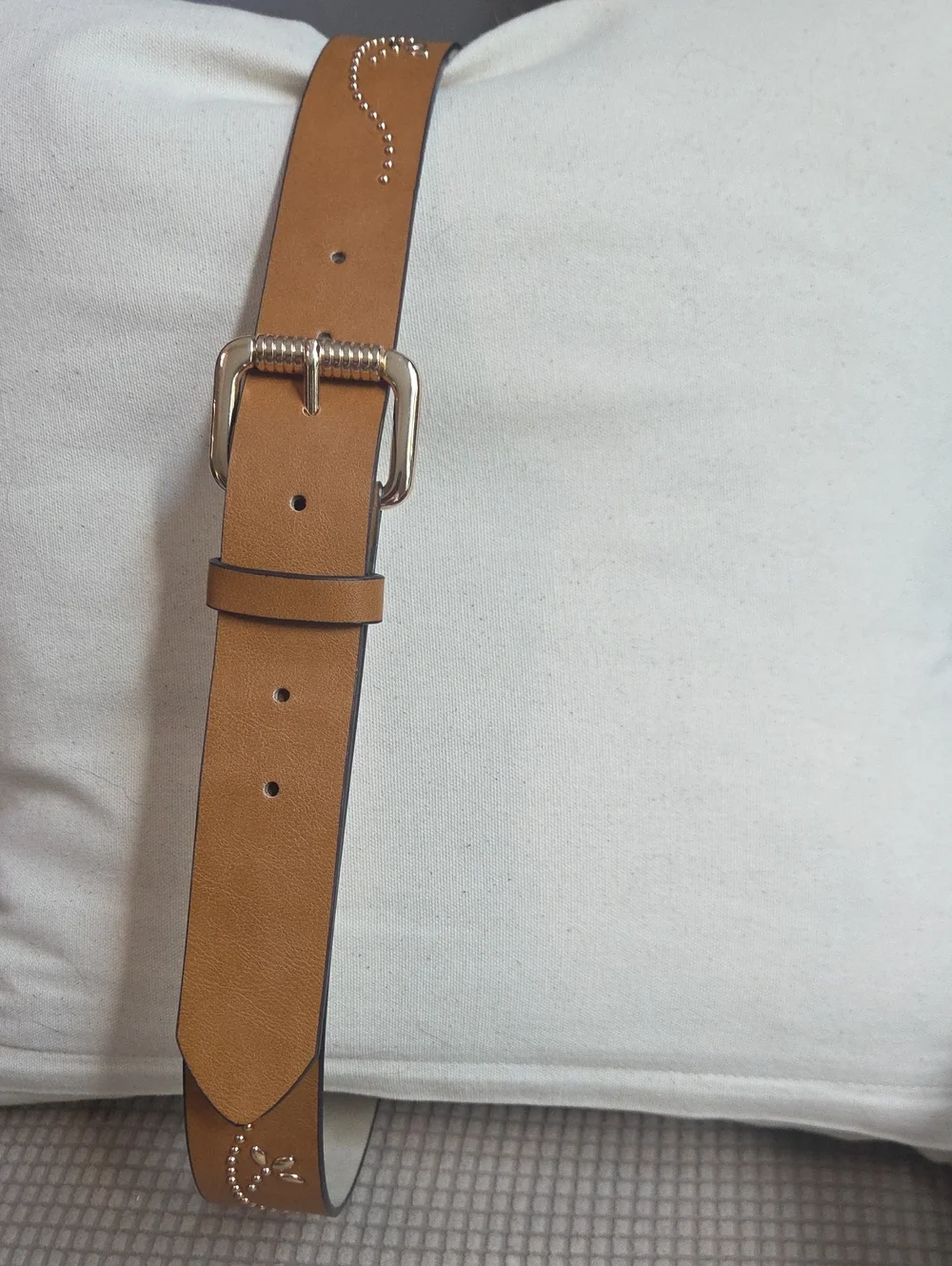 Men's or Women's Tan Leather Belt with Gold Studs and Buckle